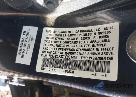 2020 Honda Civic Ex z USA, uszkodzony, nr VIN 19XFC1F37LE001456